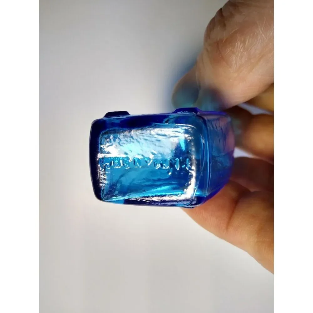 Wheaton Blue Carnival Glass Bottle Horse Shoe Bitters Medicine 1970's Mini 3